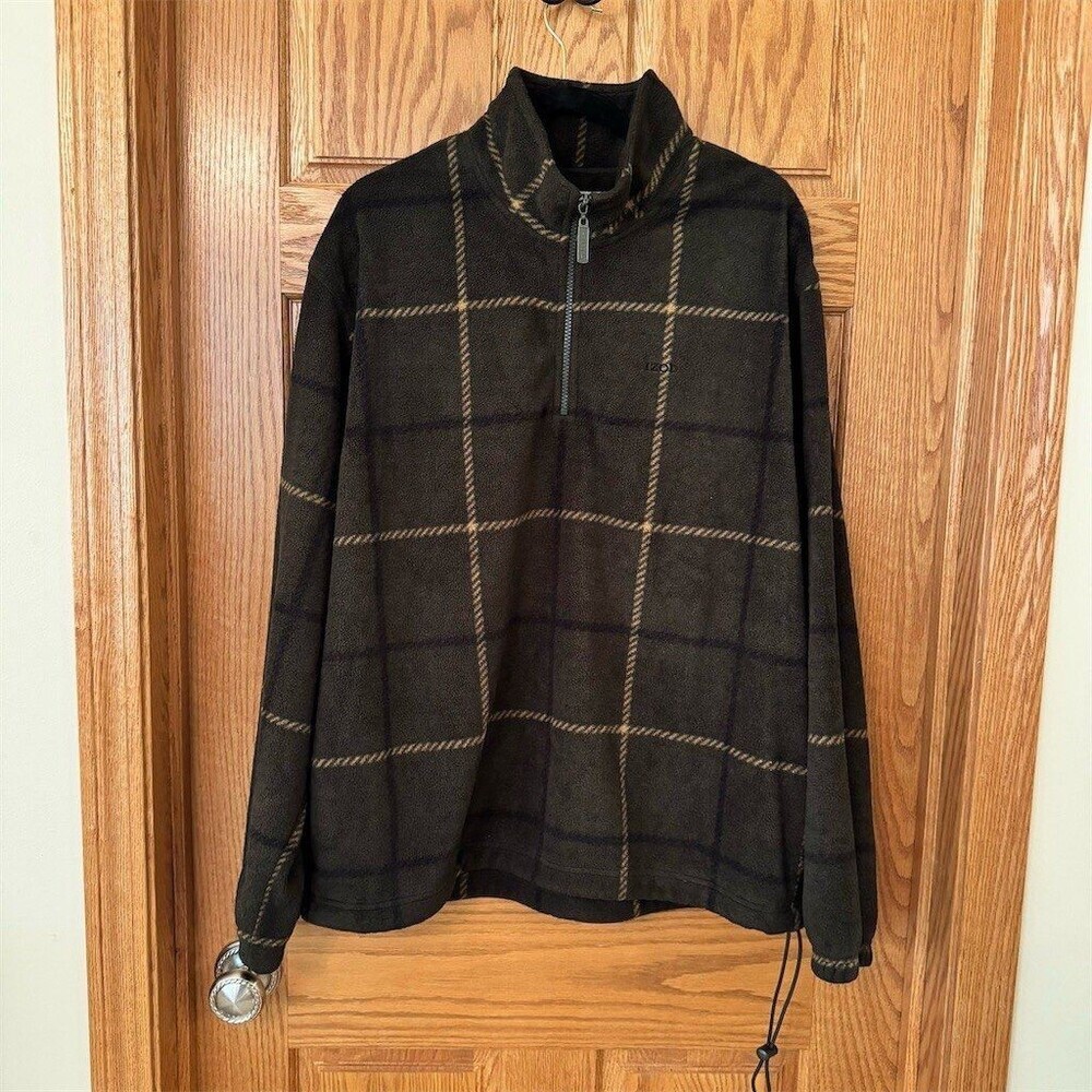 IZOD Sweater Mens XL Brown Brown Plaid 1/4 Zip Mock Neck Pullover